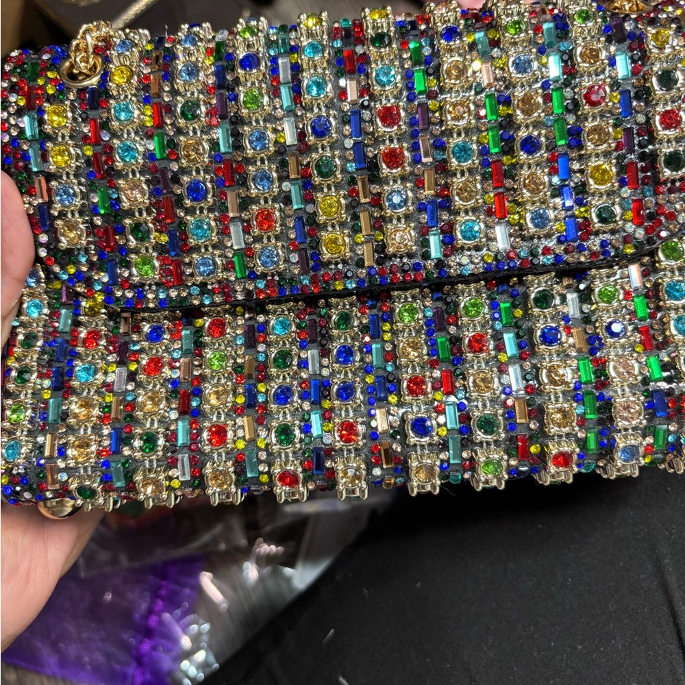 Elegant Multicolor Rhinestone Clutch with Gold Chain - Picture 9 of 10